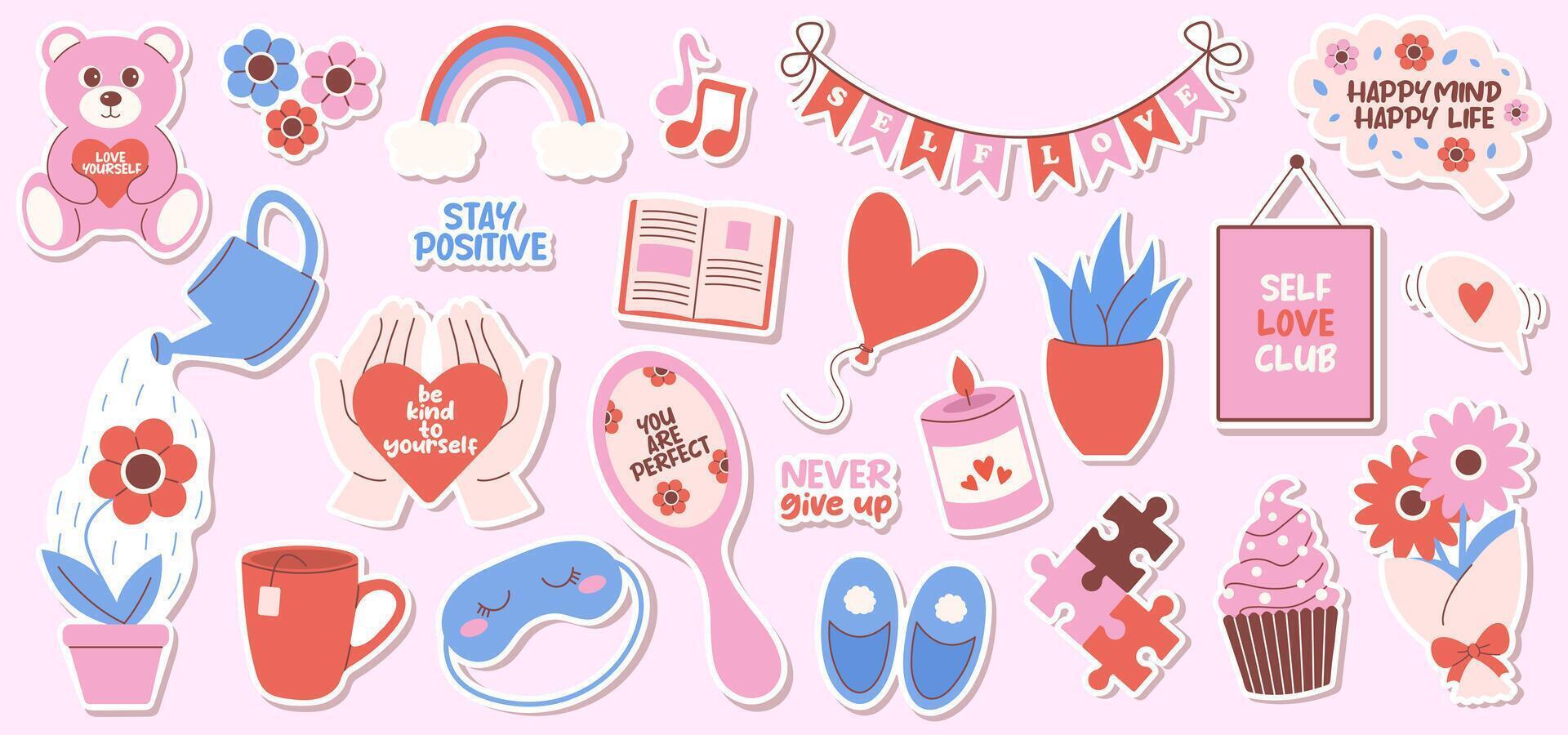 Set of self love and self care elements and phrases. Cute flat vector stickers.