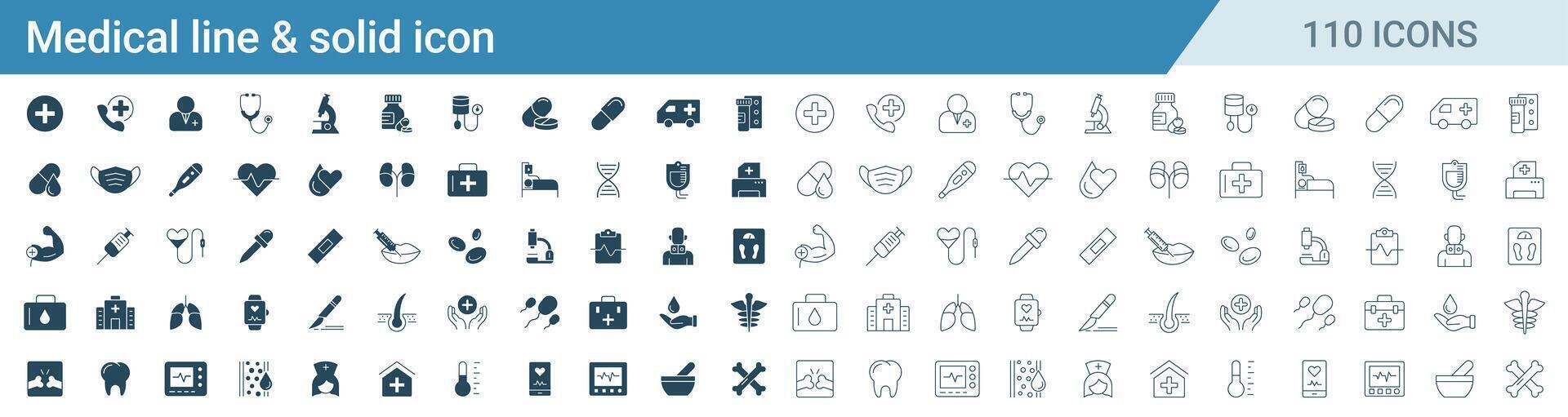 Set of medical and healthcare line and solid icons vector. icons such as medicine, injection, x-ray, bone, tooth, and hospital illustration vector
