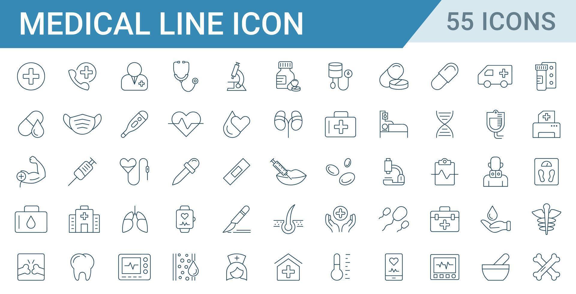 Set of medical and healthcare line icons vector. icons such as medicine, injection, x-ray, bone, tooth, and hospital illustration vector