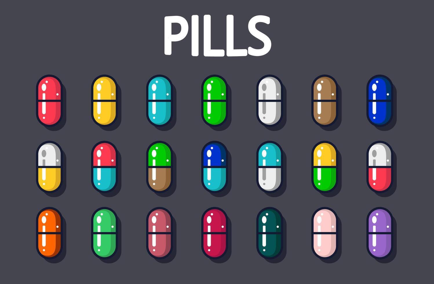 Vector pills icon set. Medicine illustration disease sign and drug tablet. Pharmacy care capsule and hospital vitamin design. Ambulance health collection antibiotic symbol