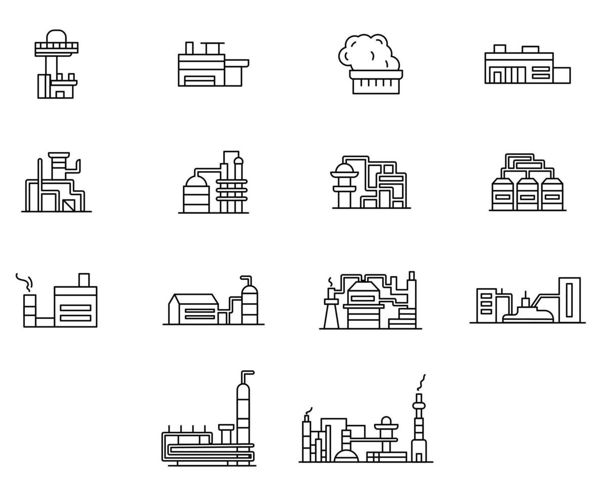 Vector line icon set industry building. Business outline factory construction and warehouse manufacturing. Energy tower and power exterior building structure