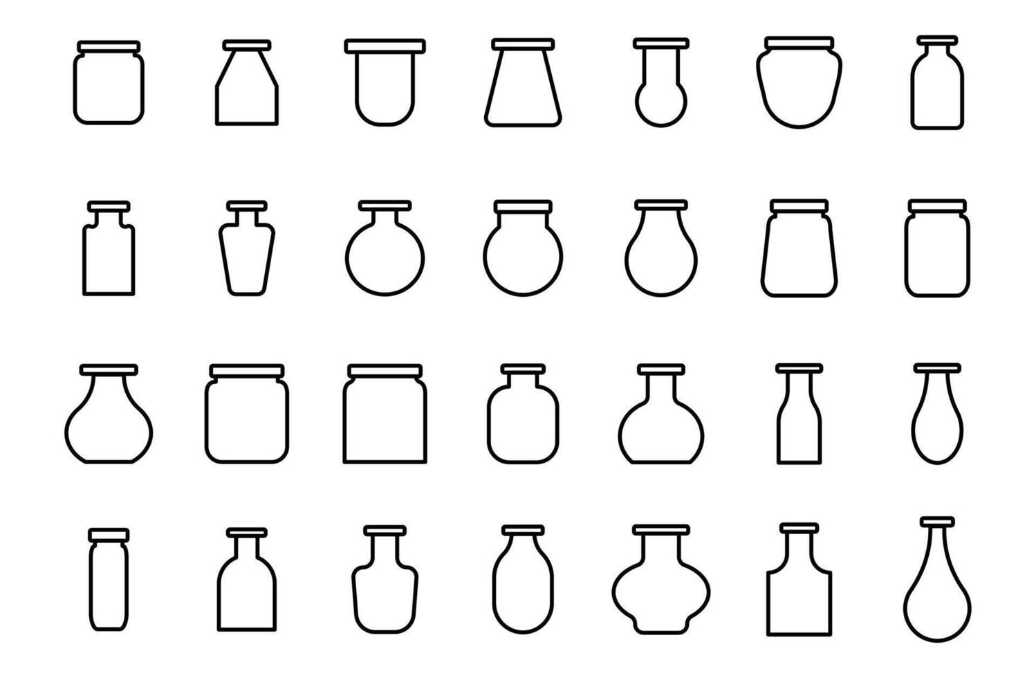 Vector line icon set flask different shape. Illustration glass bottle symbol design. Chemistry or science laboratory tube. Element container linear and simple collection jug variation