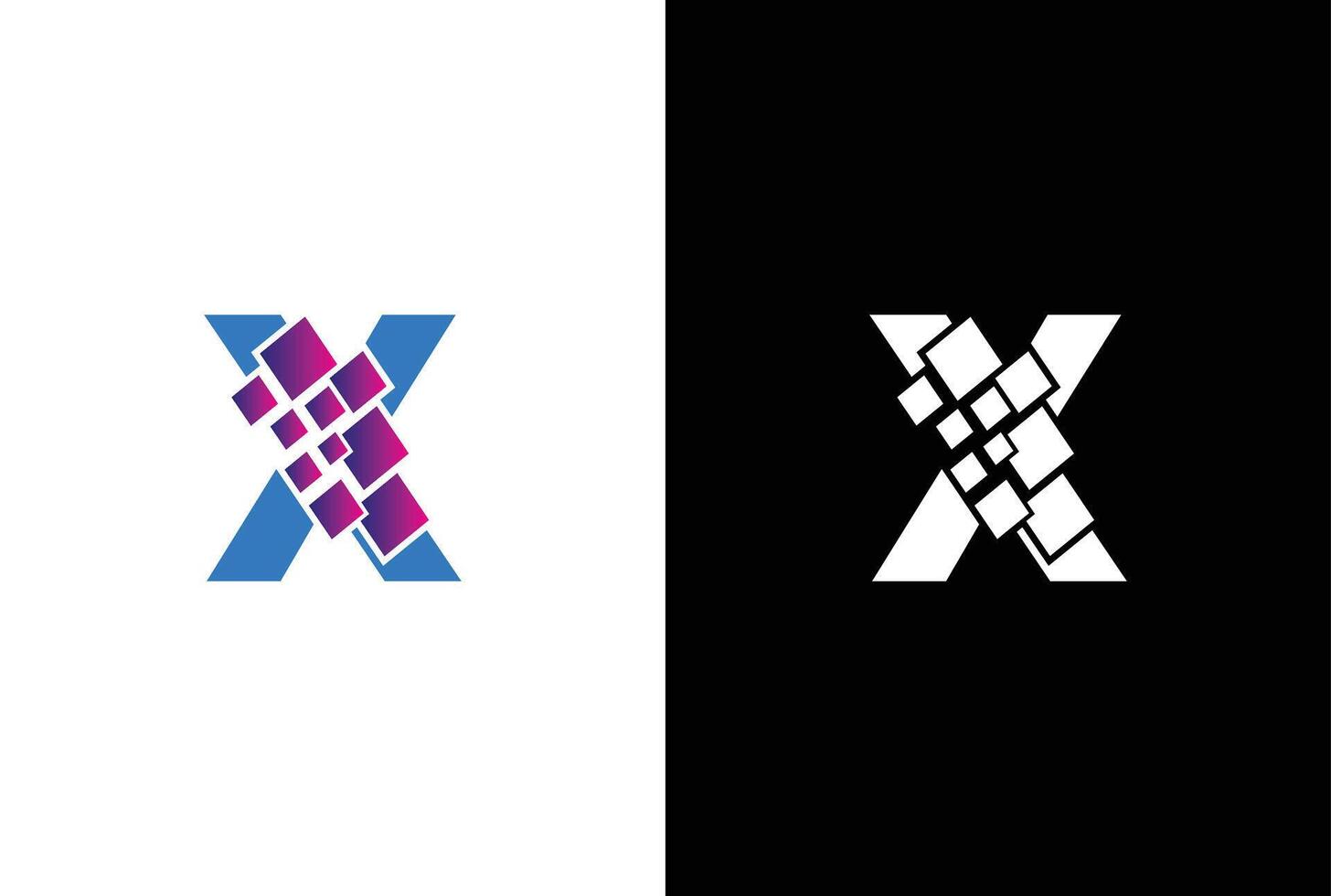 inicial letra X digital píxel logo diseño modelo elemento. letra X píxel logo, triángulo, azul color, tecnología y digital logotipo vector
