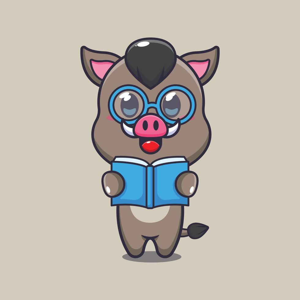 Cute boar reading a book cartoon vector illustration.