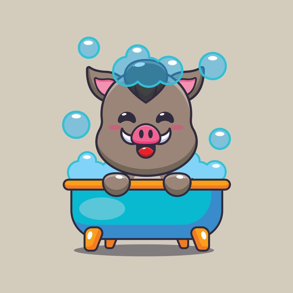Cute boar taking bubble bath in bathtub cartoon vector illustration.