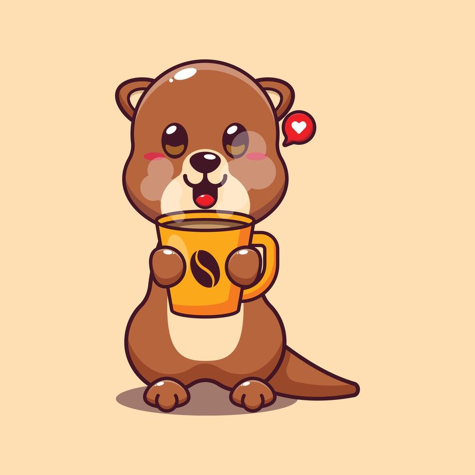 Cute otter with hot coffee cartoon vector illustration.