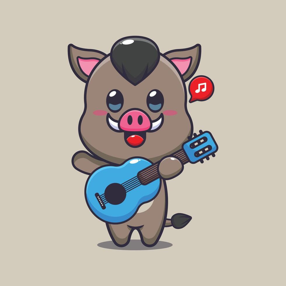 Cute boar playing guitar cartoon vector illustration.
