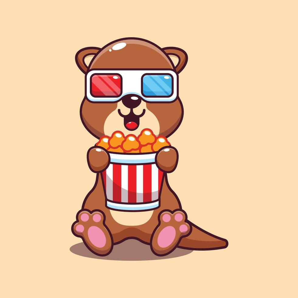 Cute otter eating popcorn and watch 3d movie cartoon vector illustration.