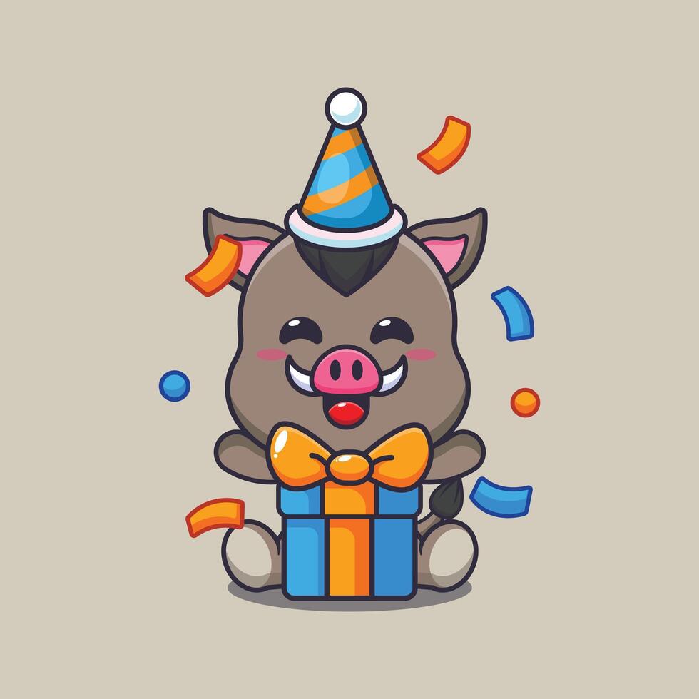 Cute boar in birthday party cartoon vector illustration.