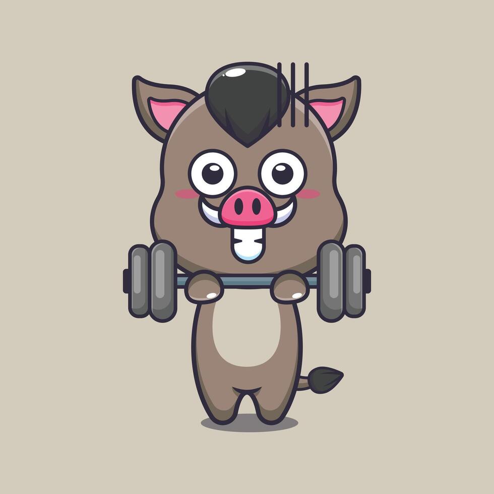 Cute boar lifting barbell cartoon vector illustration.