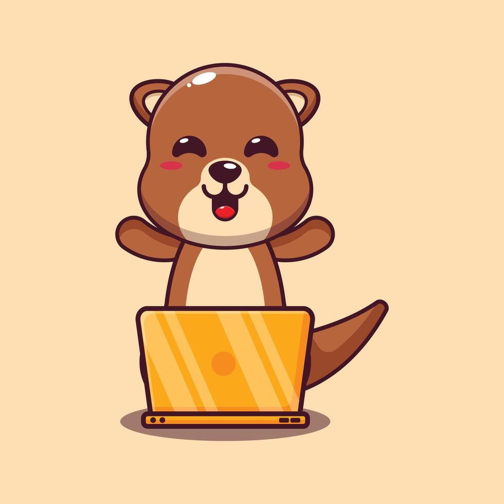 Cute otter with laptop cartoon vector illustration.