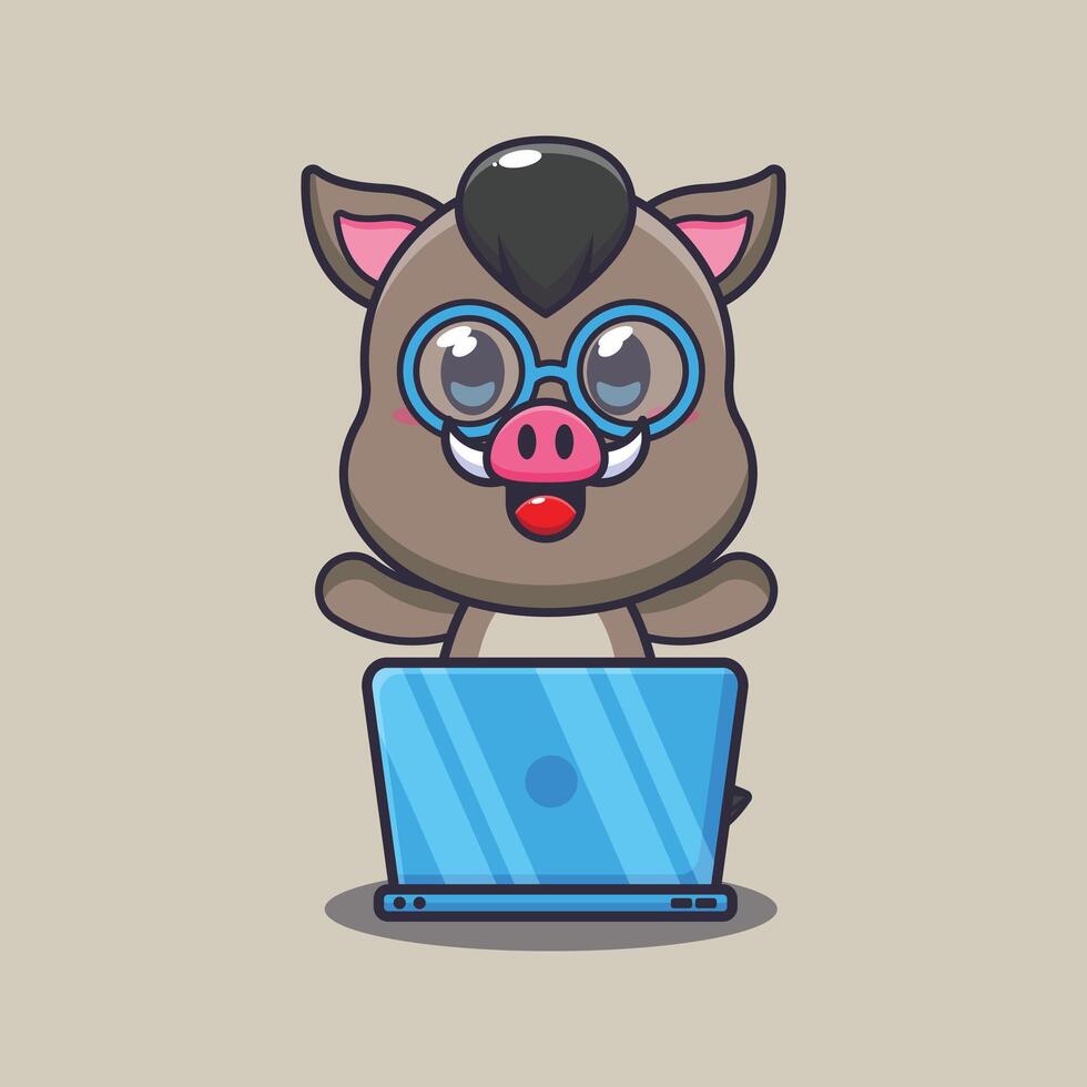 Cute boar with laptop cartoon vector illustration.