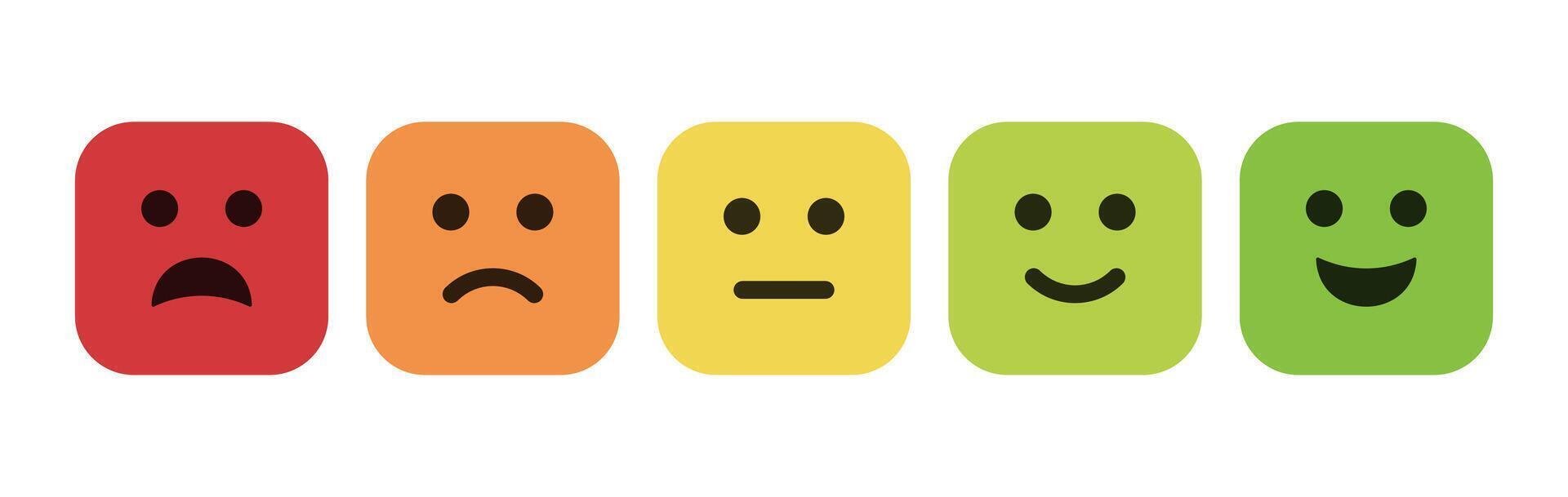 Feedback of Satisfaction Rate Level Form with Emoticons Square Emoticon. Excellent  Good  Average  Sad  Bad. Feedback  user icon experience. vector