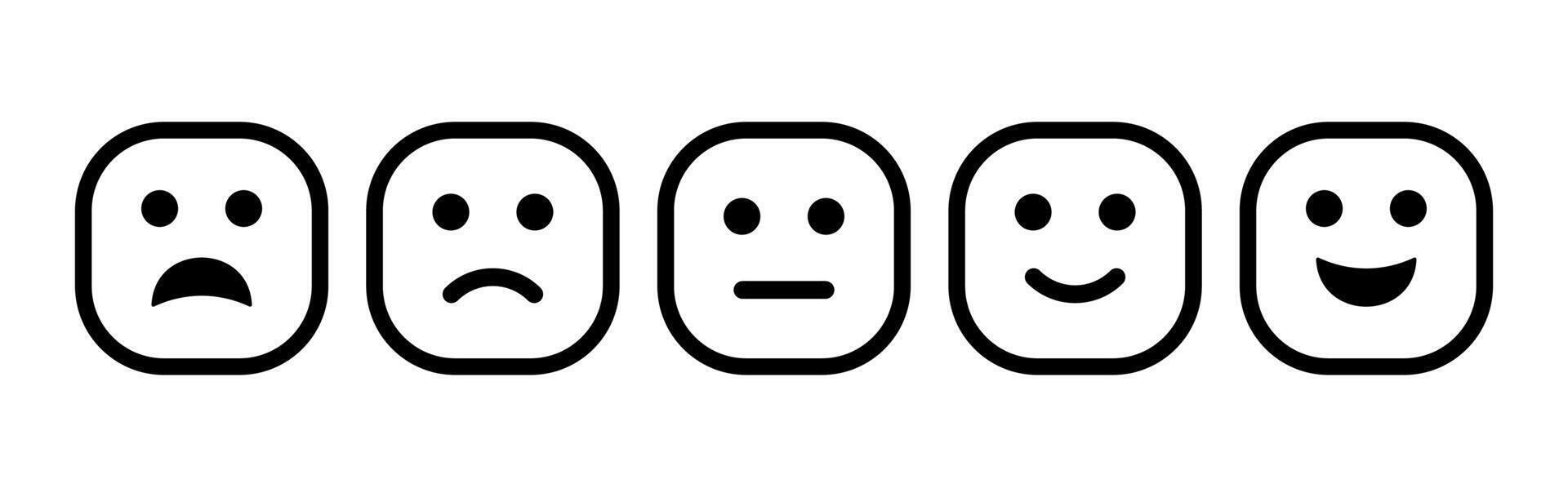 realimentación de satisfacción Velocidad nivel formar con emoticones cuadrado emoticono excelente bueno promedio triste malo. realimentación usuario icono experiencia. vector
