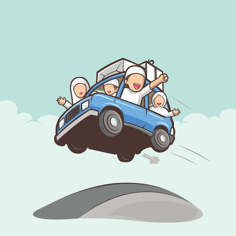 Family trip by car vector art illustration flat design isolated