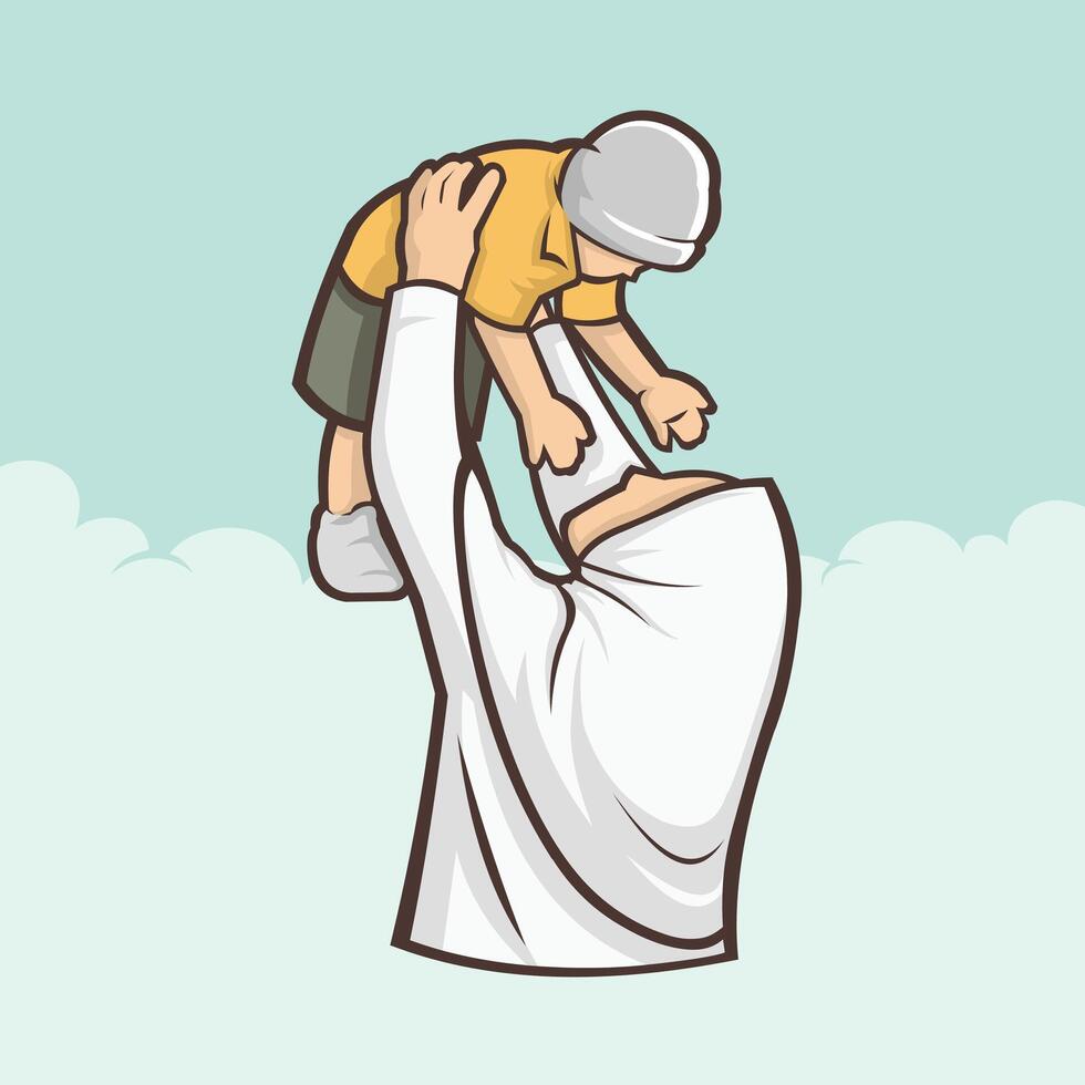 Beautiful mother in hijab lifts her son up vector art illustration isolated