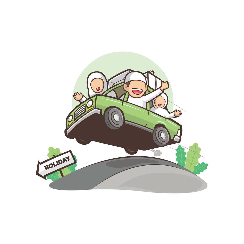 Holiday family trip by car vector art illustration flat design isolated. Islamic cartoon