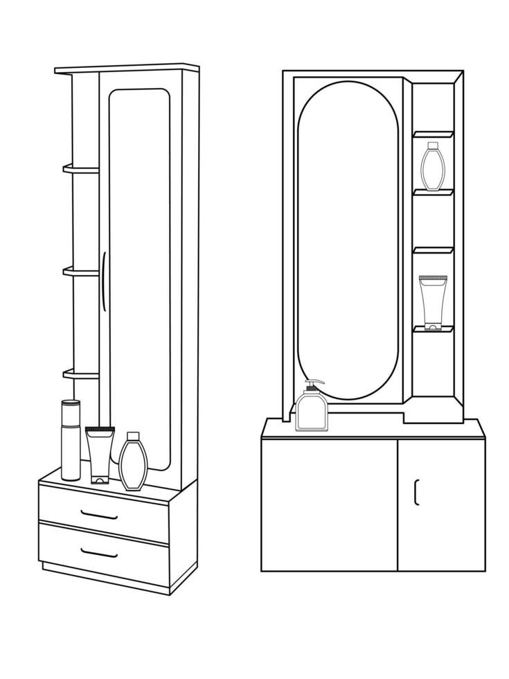 Dressing table and other furniture. Dressing room in outline style. Interior room with mirror vanity makeup and accessories. Vector illustration.