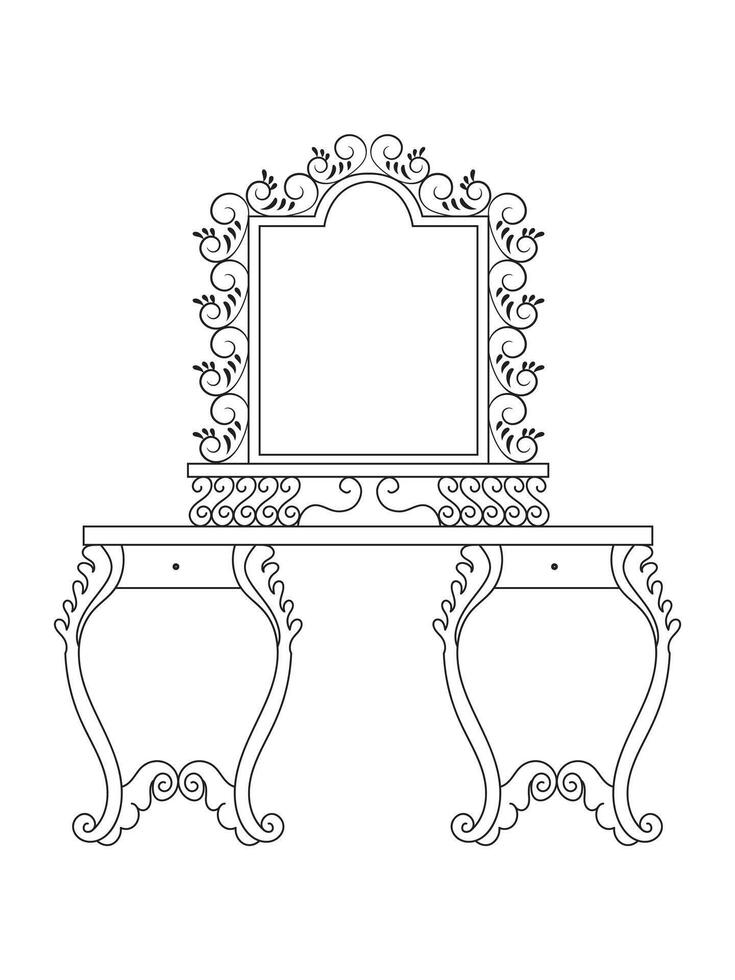 Dressing table and other furniture. Dressing room in outline style. Interior room with mirror vanity makeup and accessories. Vector illustration.