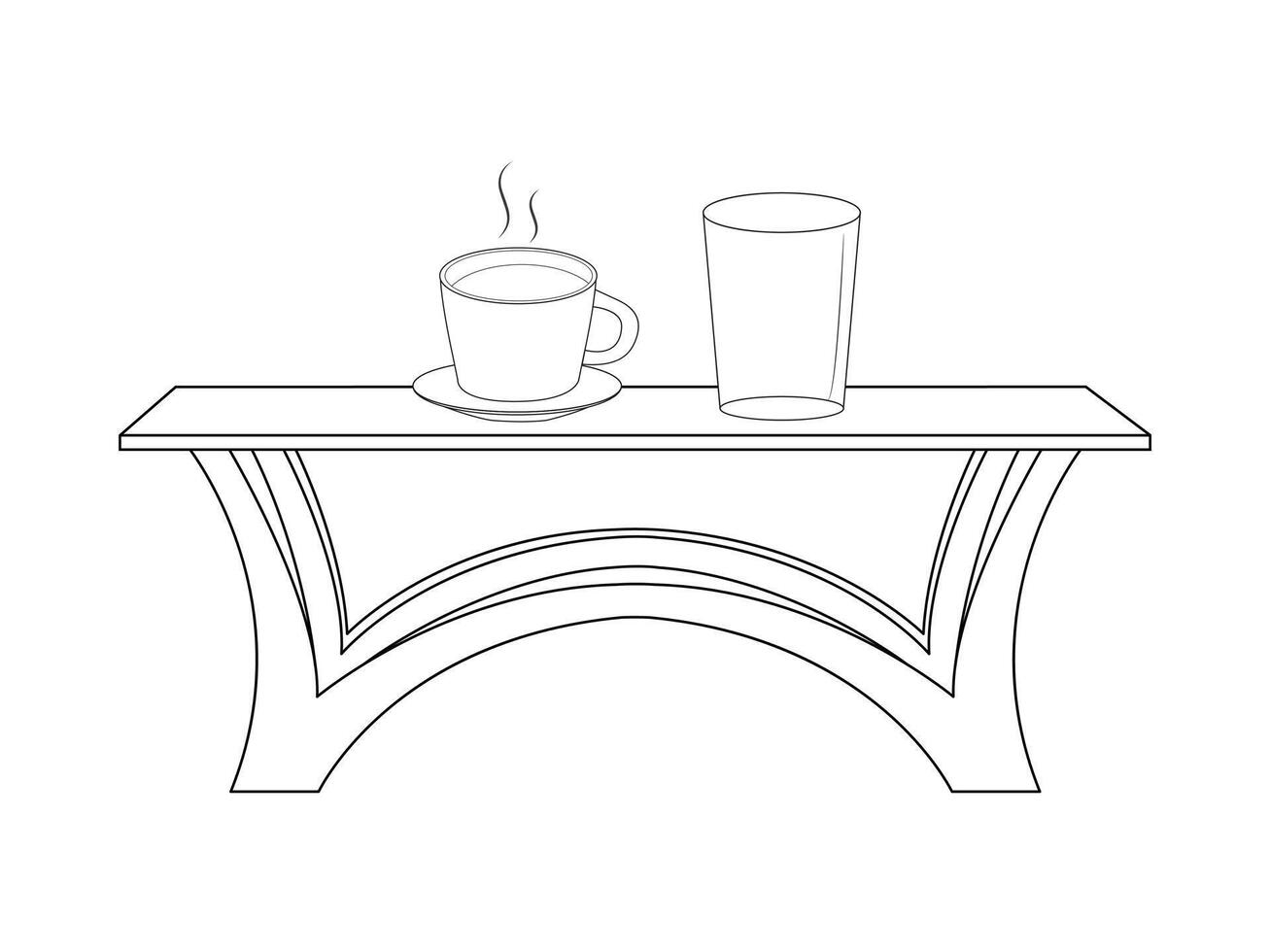 café y té mesa con vaso y de madera mesa, taza de caliente té y té hoja en el de madera mesa y el té plantaciones antecedentes vector