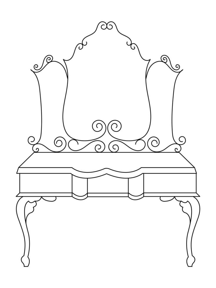 Dressing table and other furniture. Dressing room in outline style. Interior room with mirror vanity makeup and accessories. Vector illustration.