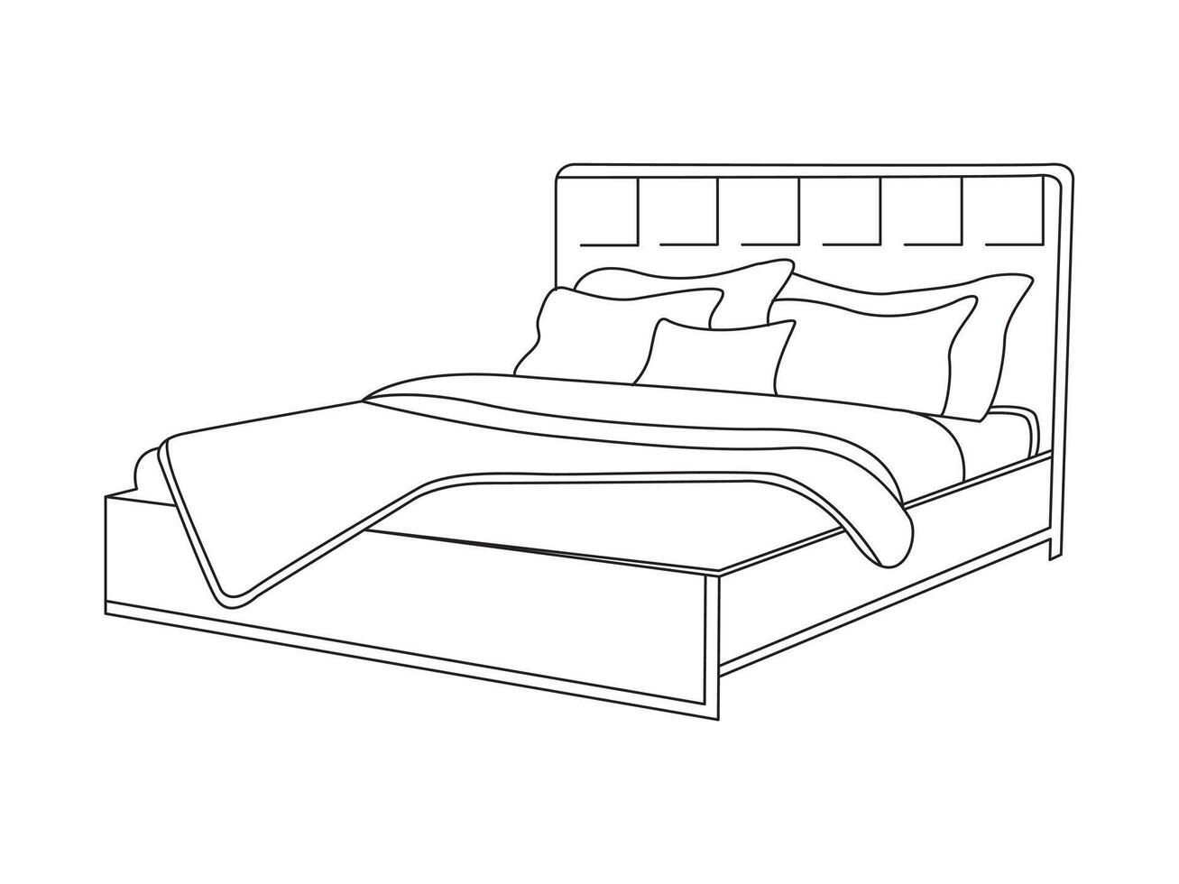 cama garabatear icono en vector. mano dibujado cama icono en vector. garabatear cama ilustración, contemporáneo dormitorio interior con moderno tapizado cabecera, blanco cama presentando un acogedor cobija vector