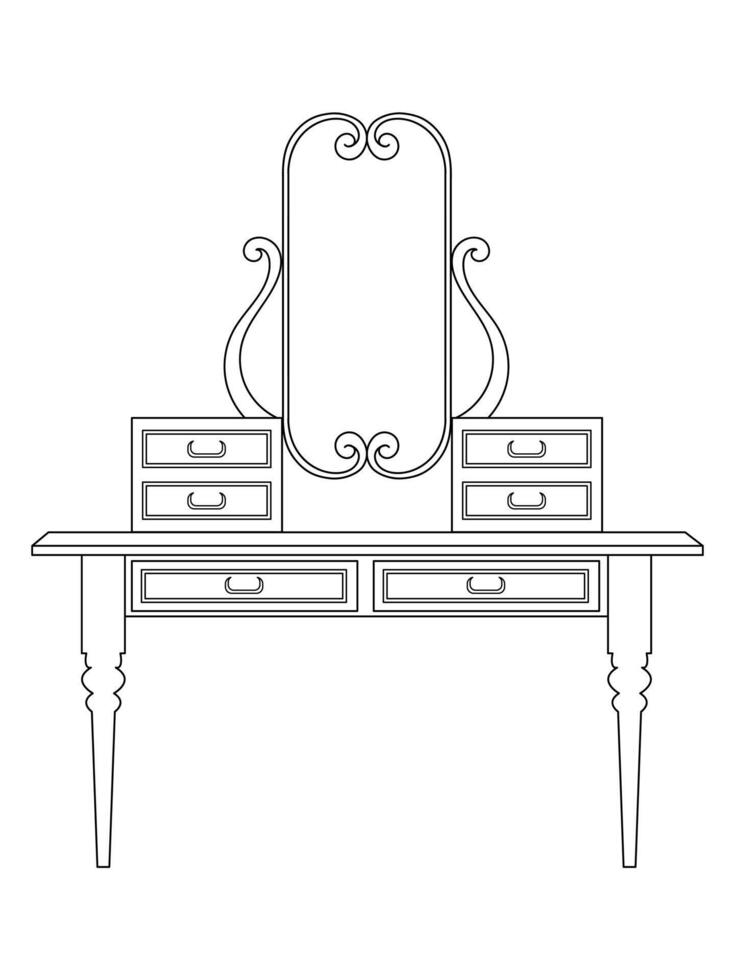 Dressing table and other furniture. Dressing room in outline style. Interior room with mirror vanity makeup and accessories. Vector illustration.