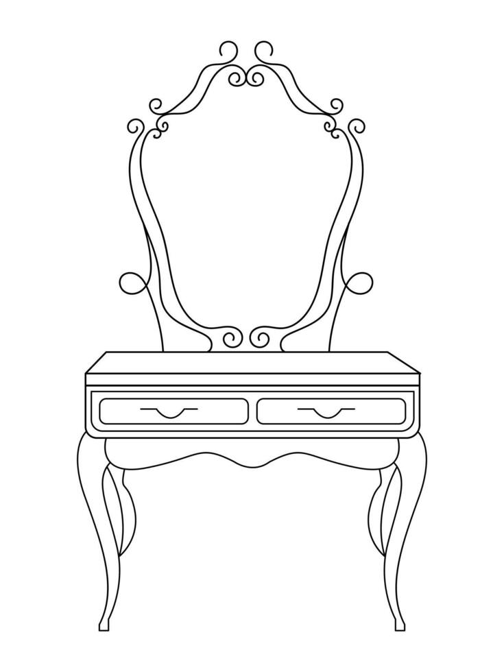 Dressing table and other furniture. Dressing room in outline style. Interior room with mirror vanity makeup and accessories. Vector illustration.
