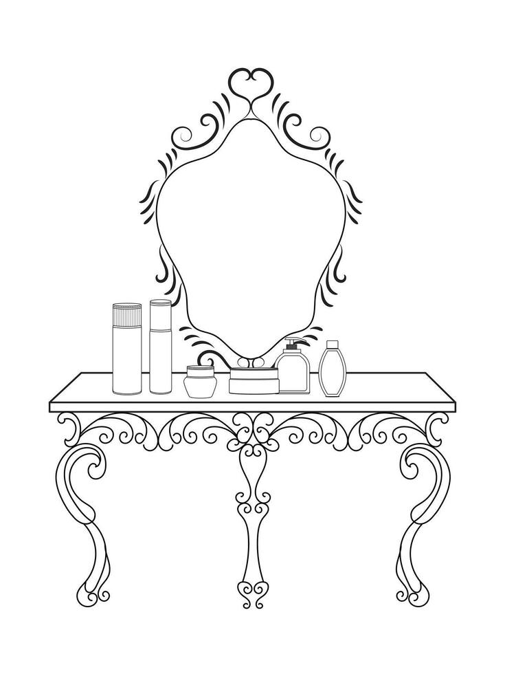 Dressing table and other furniture. Dressing room in outline style. Interior room with mirror vanity makeup and accessories. Vector illustration.