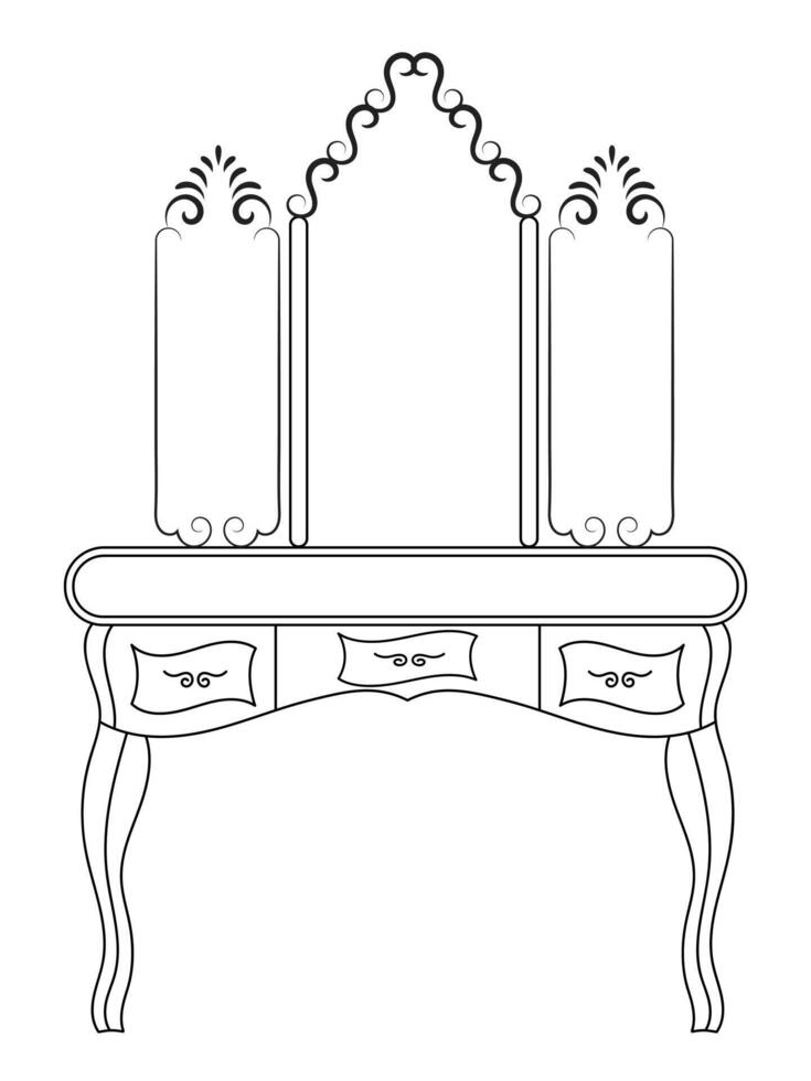 Dressing table and other furniture. Dressing room in outline style. Interior room with mirror vanity makeup and accessories. Vector illustration.