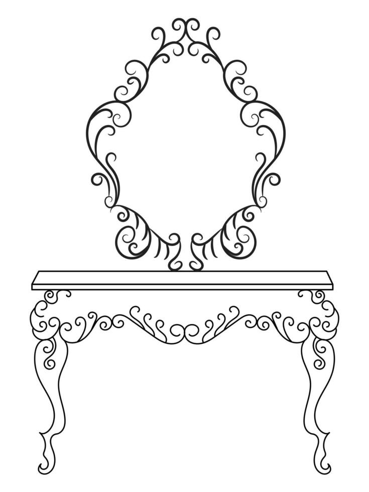 Dressing table and other furniture. Dressing room in outline style. Interior room with mirror vanity makeup and accessories. Vector illustration.