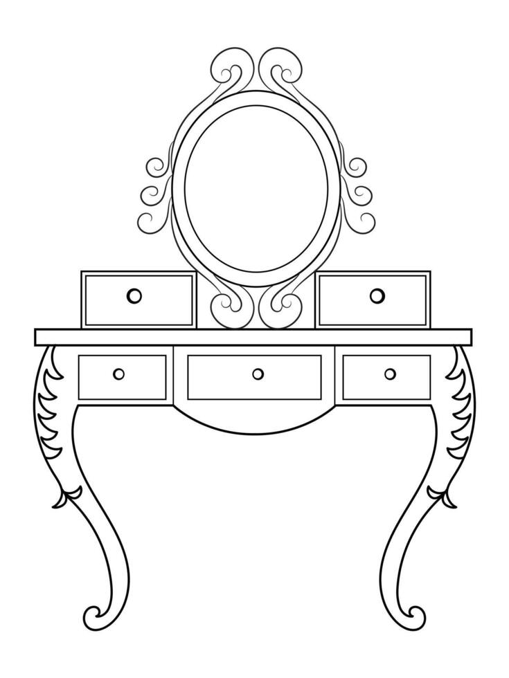 Dressing table and other furniture. Dressing room in outline style. Interior room with mirror vanity makeup and accessories. Vector illustration.