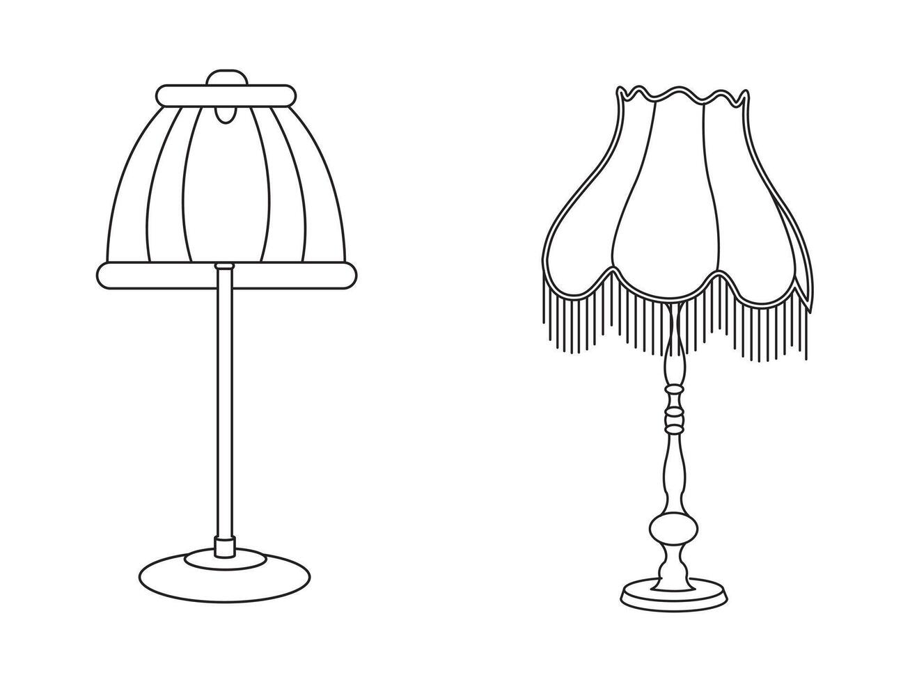 Stylish lamp, Modern lamp interior in bedroom, Electric table, floor lamps, lampshades, Different interior light decor standing and hanging. vector