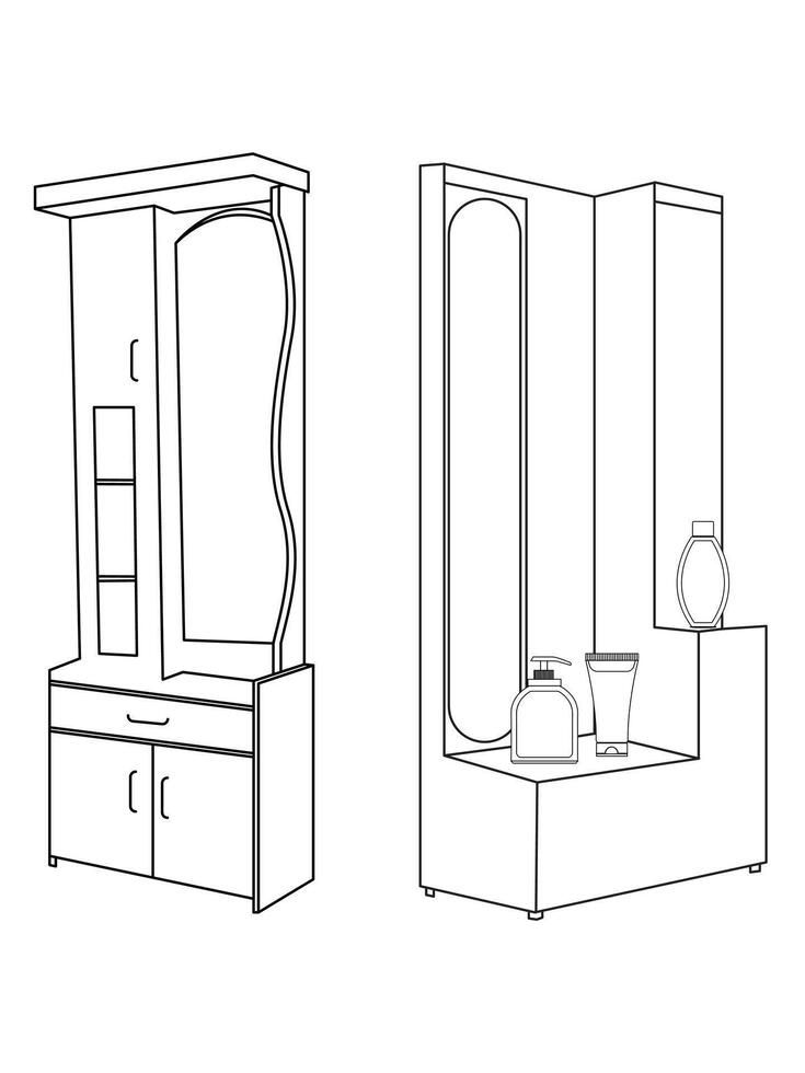 Dressing table and other furniture. Dressing room in outline style. Interior room with mirror vanity makeup and accessories. Vector illustration.