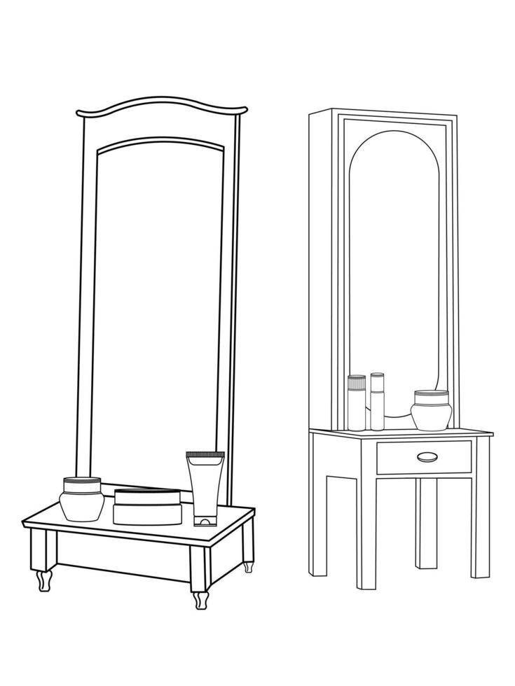 Dressing table and other furniture. Dressing room in outline style. Interior room with mirror vanity makeup and accessories. Vector illustration.