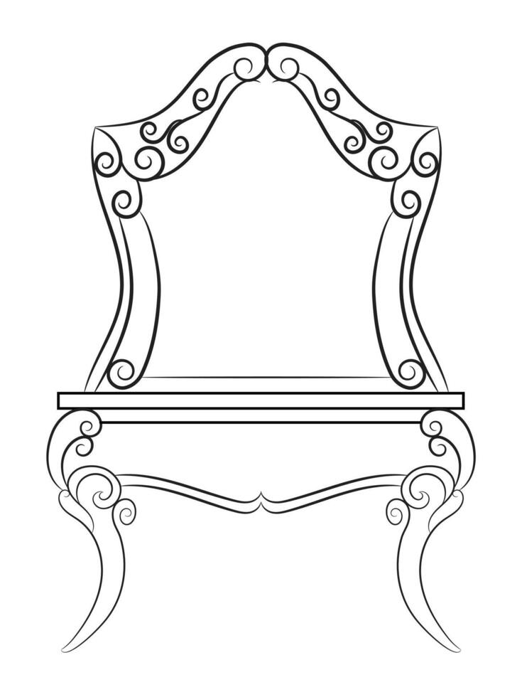 Dressing table and other furniture. Dressing room in outline style. Interior room with mirror vanity makeup and accessories. Vector illustration.