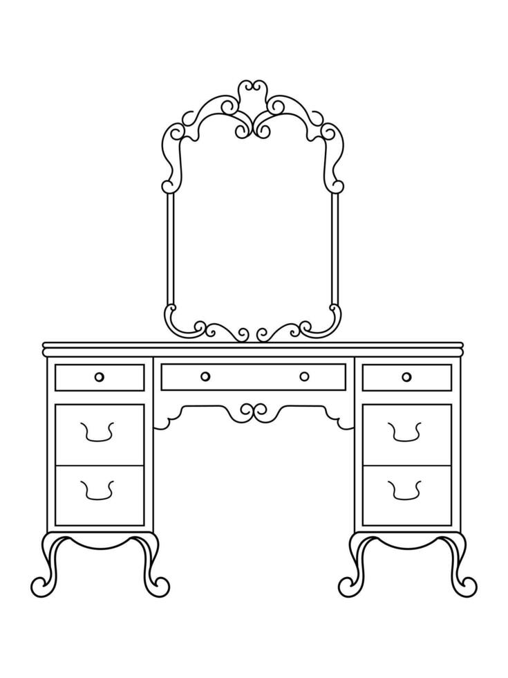 Dressing table and other furniture. Dressing room in outline style. Interior room with mirror vanity makeup and accessories. Vector illustration.
