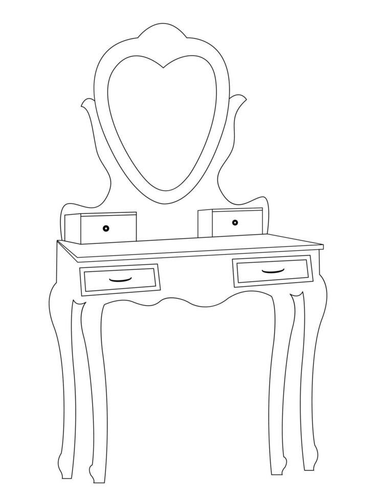 Dressing table and other furniture. Dressing room in outline style. Interior room with mirror vanity makeup and accessories. Vector illustration.