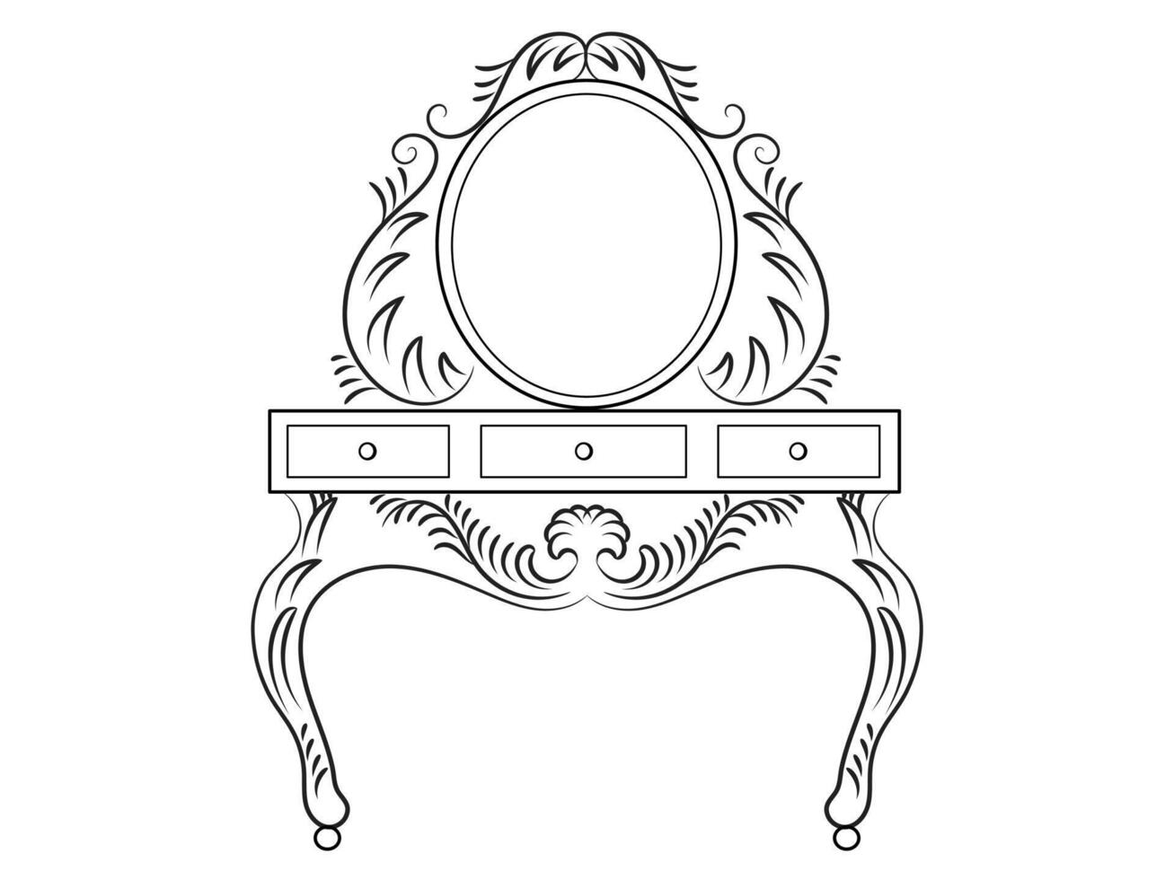 Dressing table and other furniture. Dressing room in outline style. Interior room with mirror vanity makeup and accessories. Vector illustration.