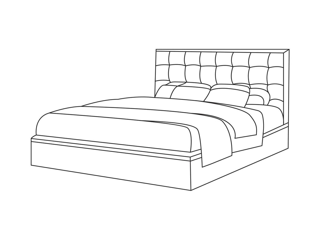 cama garabatear icono en vector. mano dibujado cama icono en vector. garabatear cama ilustración, contemporáneo dormitorio interior con moderno tapizado cabecera, blanco cama presentando un acogedor cobija vector