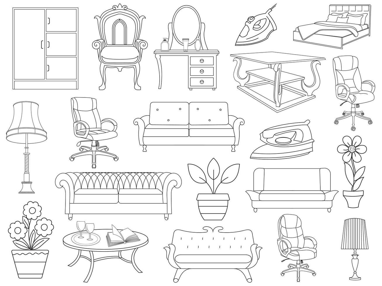 colección de elegante moderno mueble y hogar interior decoraciones de de moda. cocina, dormitorio, sofá mesa, librero armario, silla, colchón, lámparas, mueble vector ilustración colocar.