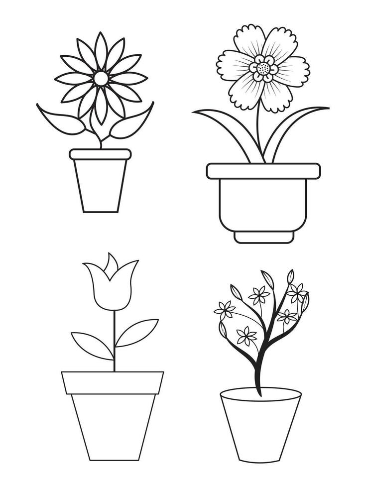 flores y ollas, interior diseño, hermosa flores plantas, planta contorno dibujo vector colocar, suculentas en ollas. flores en un maceta.