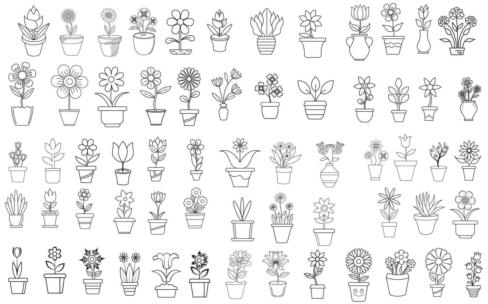 flores y ollas, interior diseño, hermosa flores plantas, planta contorno dibujo vector colocar, suculentas en ollas. flores en un maceta.