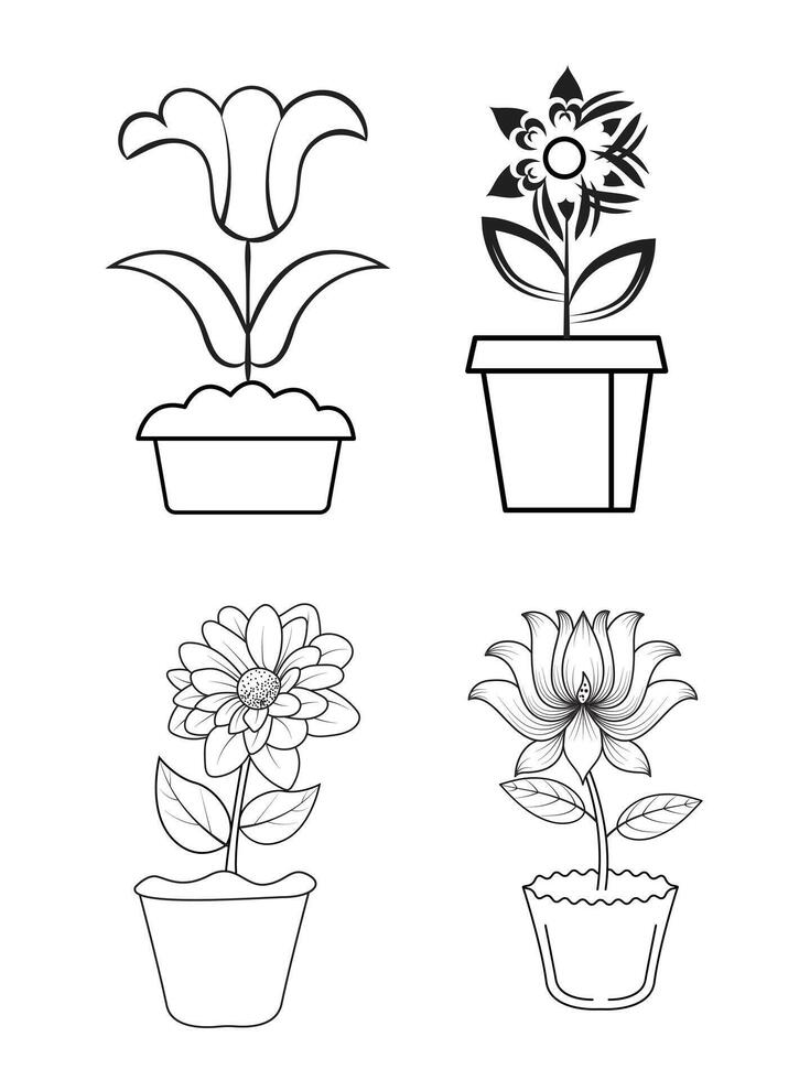 Flowers and pots, interior design, beautiful flowers plants, Plant outline drawing vector set, succulents in pots. Flowers in a pot.