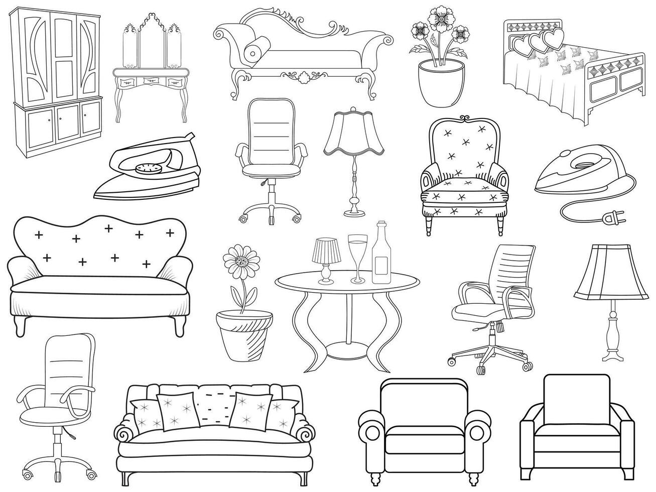 Collection of elegant modern furniture and home interior decorations of trendy. Kitchen, bedroom, sofa table, bookcase closet, chair, mattress, lamps, furniture vector illustration set.