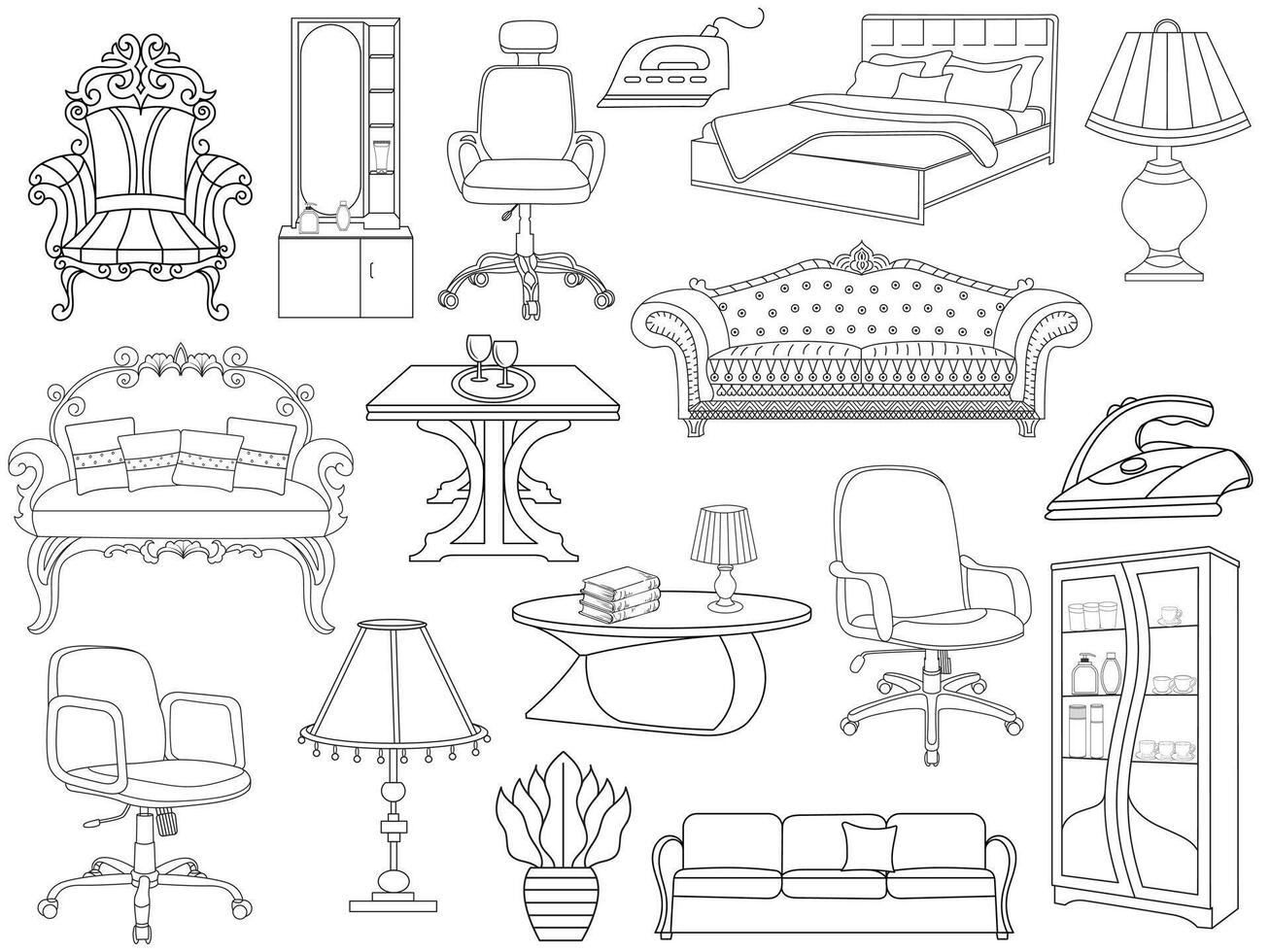 colección de elegante moderno mueble y hogar interior decoraciones de de moda. cocina, dormitorio, sofá mesa, librero armario, silla, colchón, lámparas, mueble vector ilustración colocar.