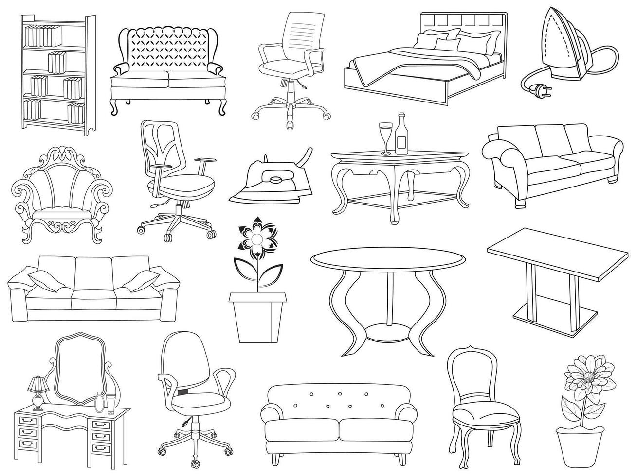 colección de elegante moderno mueble y hogar interior decoraciones de de moda. cocina, dormitorio, sofá mesa, librero armario, silla, colchón, lámparas, mueble vector ilustración colocar.