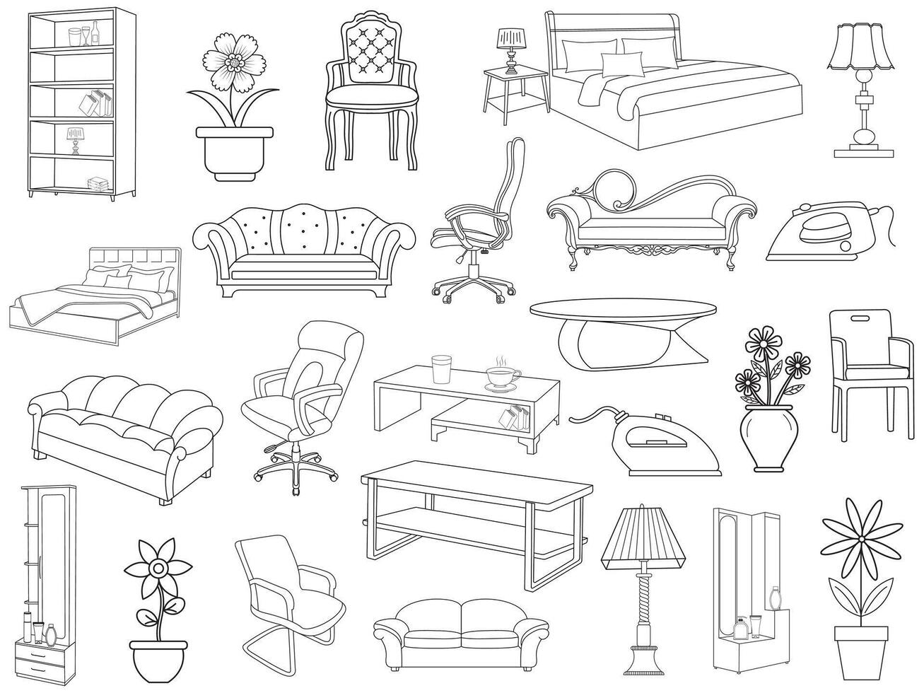 colección de elegante moderno mueble y hogar interior decoraciones de de moda. cocina, dormitorio, sofá mesa, librero armario, silla, colchón, lámparas, mueble vector ilustración colocar.