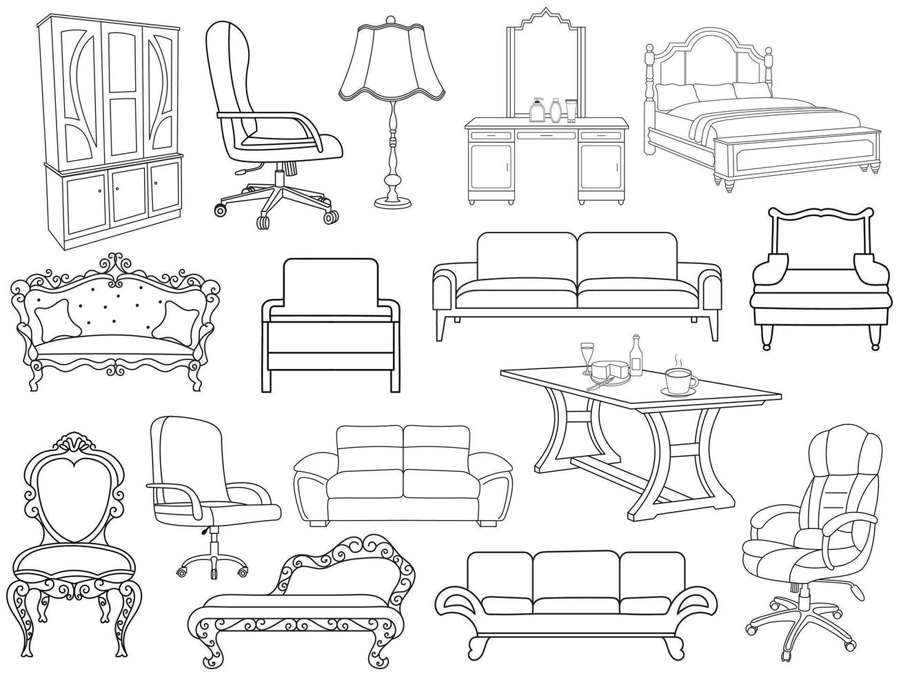 Collection of elegant modern furniture and home interior decorations of trendy. Kitchen, bedroom, sofa table, bookcase closet, chair, mattress, lamps, ladder vector illustrations.