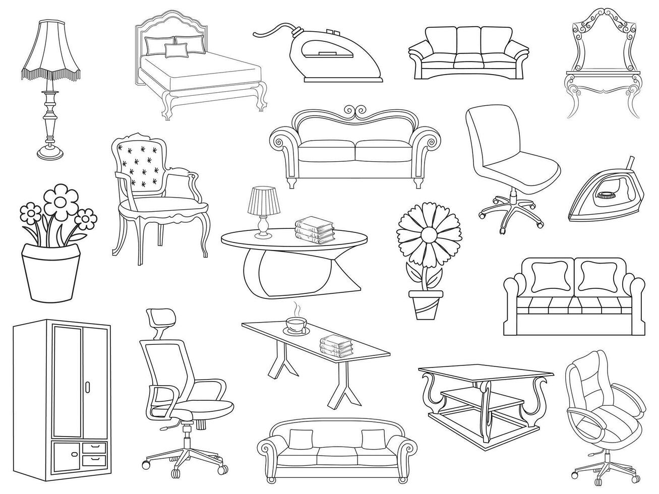 colección de elegante moderno mueble y hogar interior decoraciones de de moda. cocina, dormitorio, sofá mesa, librero armario, silla, colchón, lámparas, mueble vector ilustración colocar.